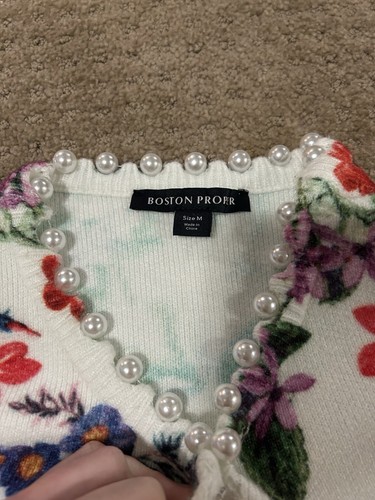 Boston Proper White Colorful Floral Pearl Trim Open Front Knit Cardigan - Picture 4 of 7