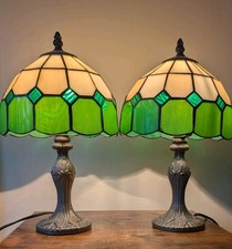 Pair Of Tiffany Style Stained Glass Table Lamps Green White Amber  38cm tall