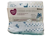 Parent's Choice 2 Fitted Crib Sheets Dino 100% Cotton Fits 28" X 52" Mattress