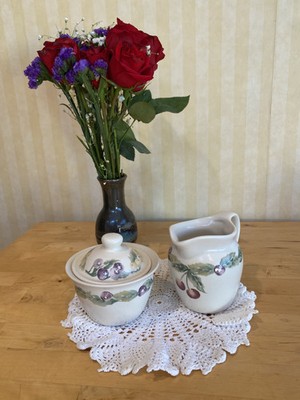 Set of 2:  Pfaltzgraff Jamberry ~ Sugar Bowl + Creamer ~ Grapes and Cherries 