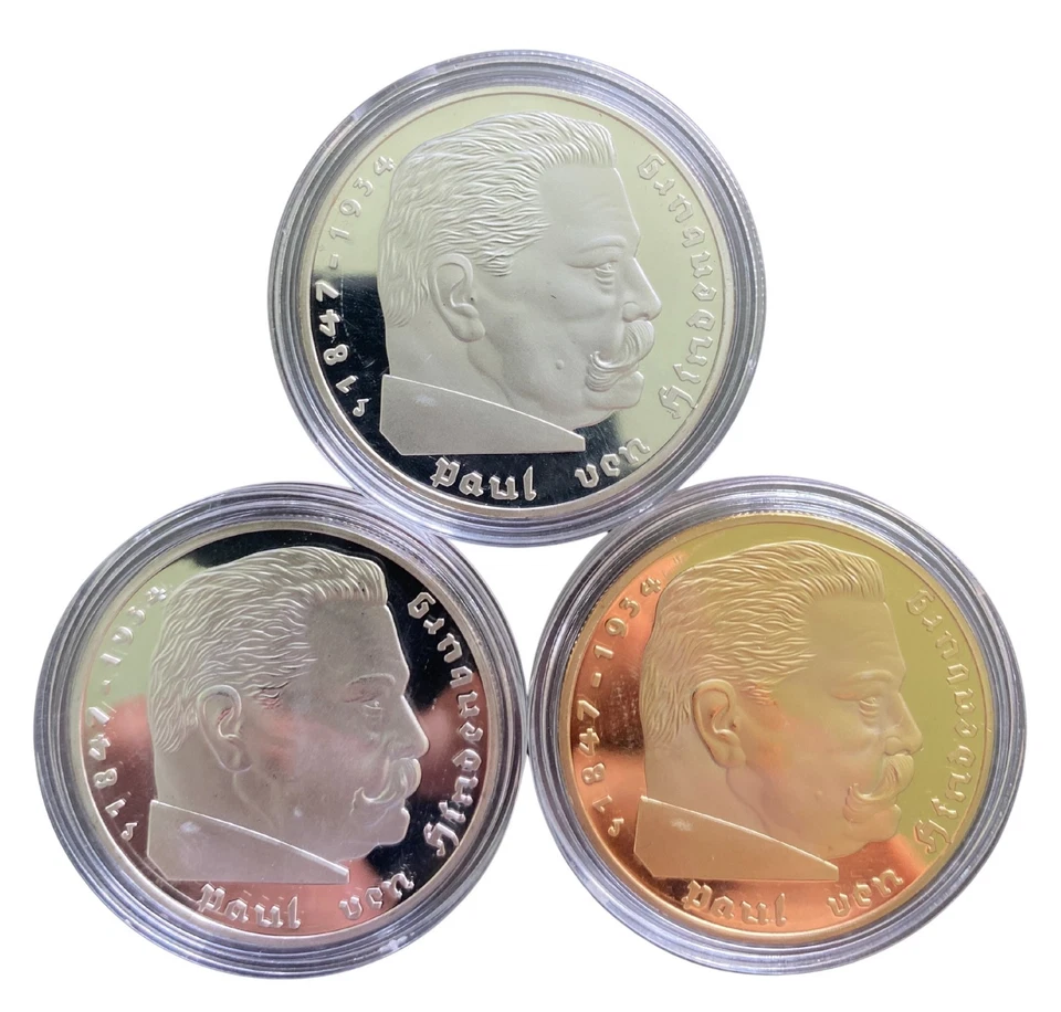 WWII Era German 5 Mark Novelty Educational Collectible Coin Set of 3 – 38mm - Image 2 of 4