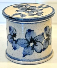 Signed Polly Pottery Butter Bell Blue Floral Stoneware Butter Keeper Farmhouse