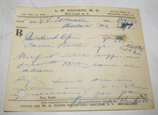 ANTIQUE 1933 HAND WRITTEN PRESCRIPTION OPIUM L. M. HACKETT M. D. BOLIVAR NY