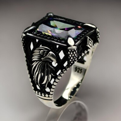 Handmade jewelry Eagle Motif Mystic Topaz Stone 925 Sterling Silver Men's Ring