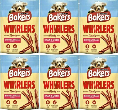 6 x Bakers Whirlers  Bacon & Cheese 6x130g Dry Dog Treats, long use buy dates