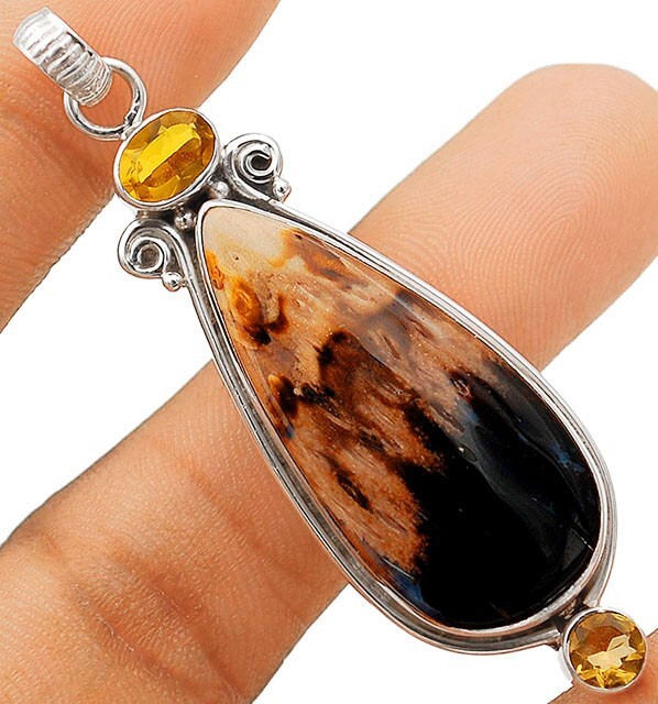 Natural Palm Root Citrine Gemstone 925 Sterling Silver Pendant Necklace