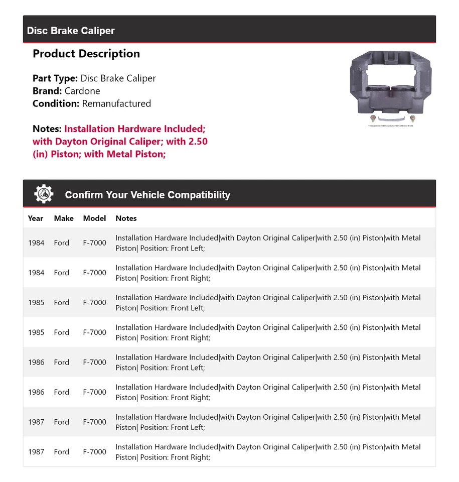 For 1984-1987 Ford F-7000 Disc Brake Caliper Cardone 1985 1986 - Image 2 of 4