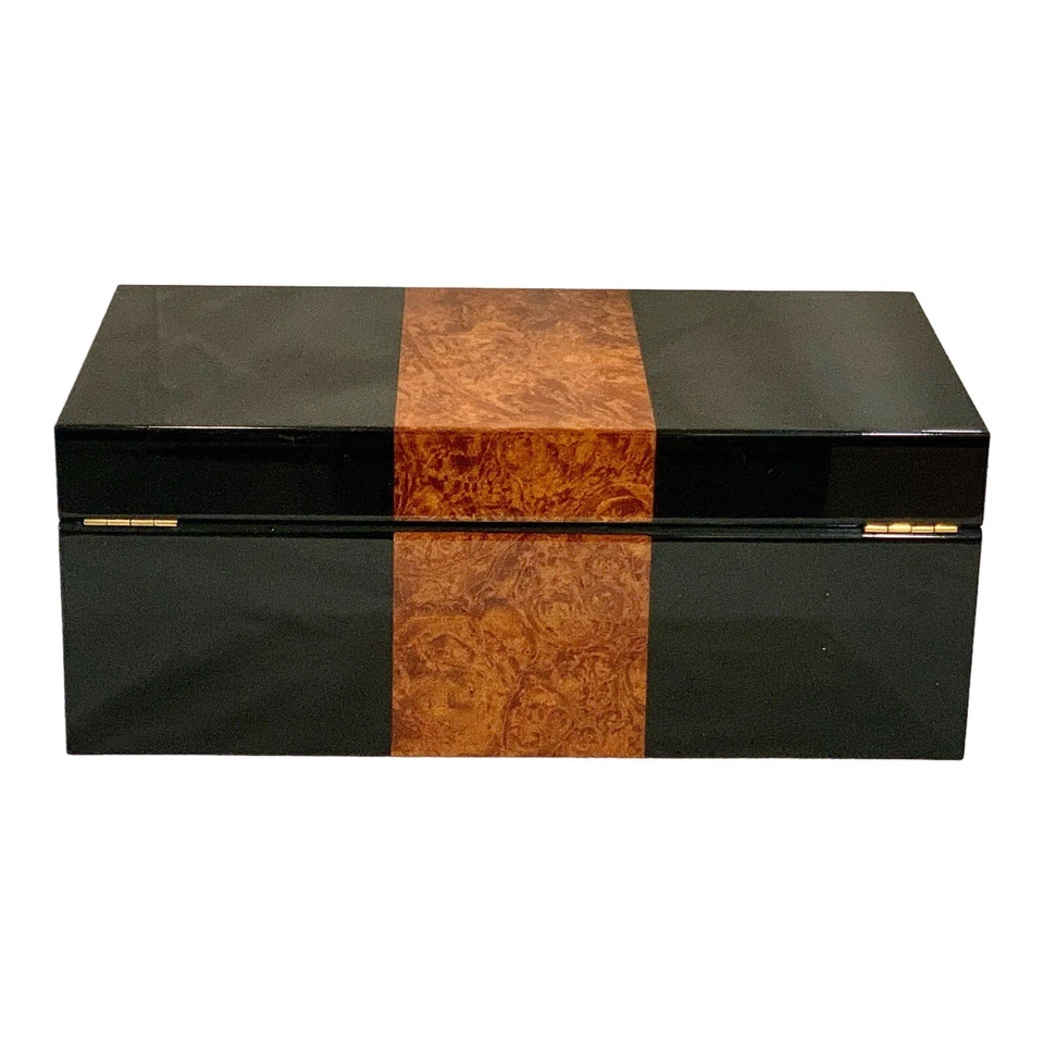 New! Piano Black and Burl Storage Box With Lock And Key - Image 3 of 4