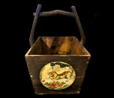 Vintage Large Asian Wood Rice Grain Harvesting Bucket With Primitive Artwork