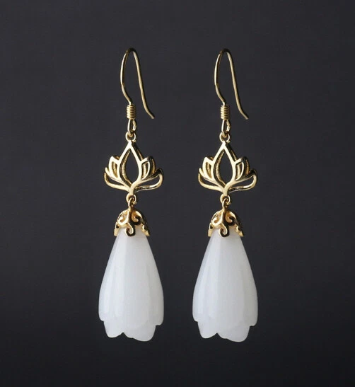 T08 Orecchini Fiori di Loto Con Calcedonio Bianco 925 Argento Sterling Placcato - Immagine 2 di 3