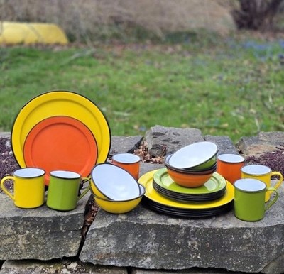 Asahi 1960s Vintage Enamelware 24pc Full Dish Set, MCM Cottagecore Camping RV