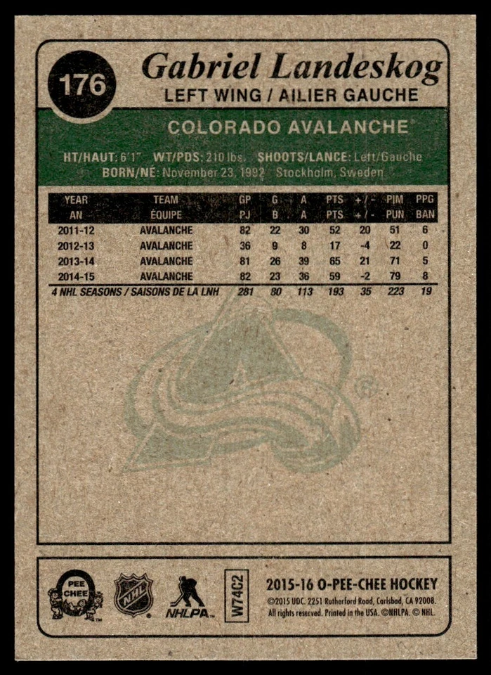 2015-16 O-Pee-Chee Retro Gabriel Landeskog Colorado Avalanche #176 - Image 2 of 2