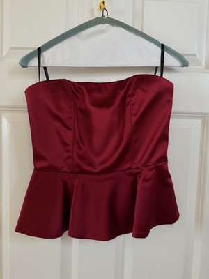 Vintage Y2K Bebe Red Satin Strapless Boned Structured Peplum Top Women 2