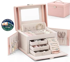 Joyero grande barroco con espejo, 3 cajones para pulseras, pendientes, anillos