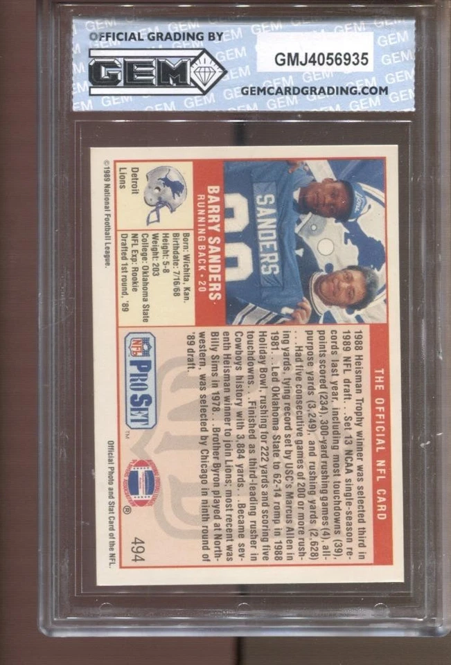 Barry Sanders Pro Set 1989 #494 gema como nuevo 10 radiocontrol novato Detroit Lions Foto 2 de 2