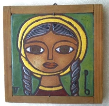 Greek Ceramic Tile Art Miniature Portrait Refugee Girl Panos Valsamakis Signed.