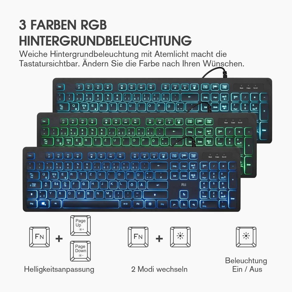 Rii Gaming Tastatur Und Maus Set, Tastatur Maus Set Mit Kabel, 3 LED Hintergrund - Bild 2 von 4