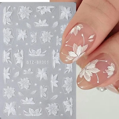 TRACY SIMPLE NAIL 3D Weiße Blumen Nail Art Aufkleber Selbstklebend Blumen Deko DIY Nagel Sticker