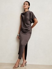 REISS Kenzie Satin Asymmetric Draped Midi Dress in Mauve UK Size 12