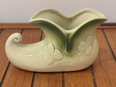 Vintage Shamrock Leprechaun Shoe Planter Green Ceramic Clover