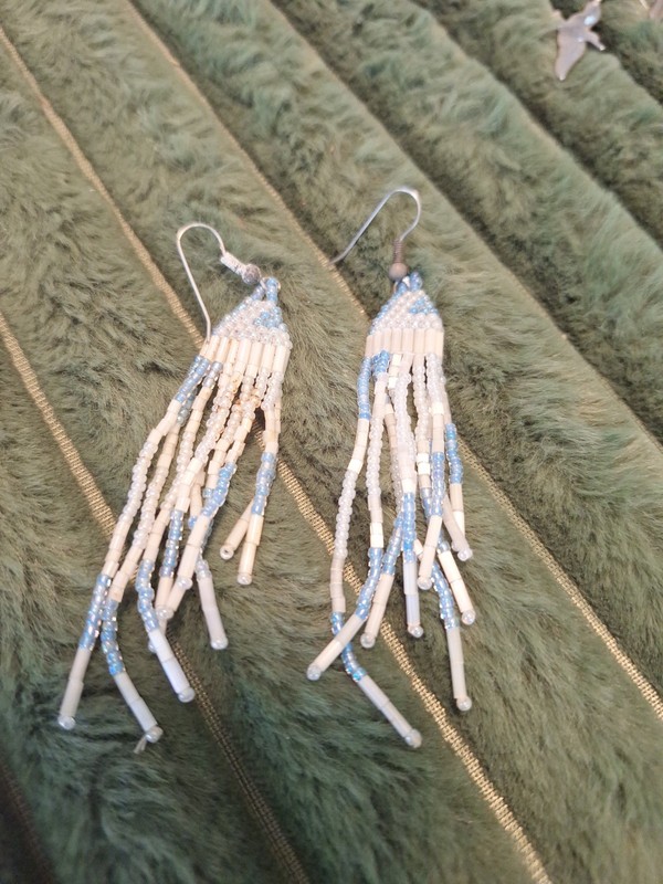 Beaded Pierced Earrings Blue and White Color Silverstone (All Items need Clean)