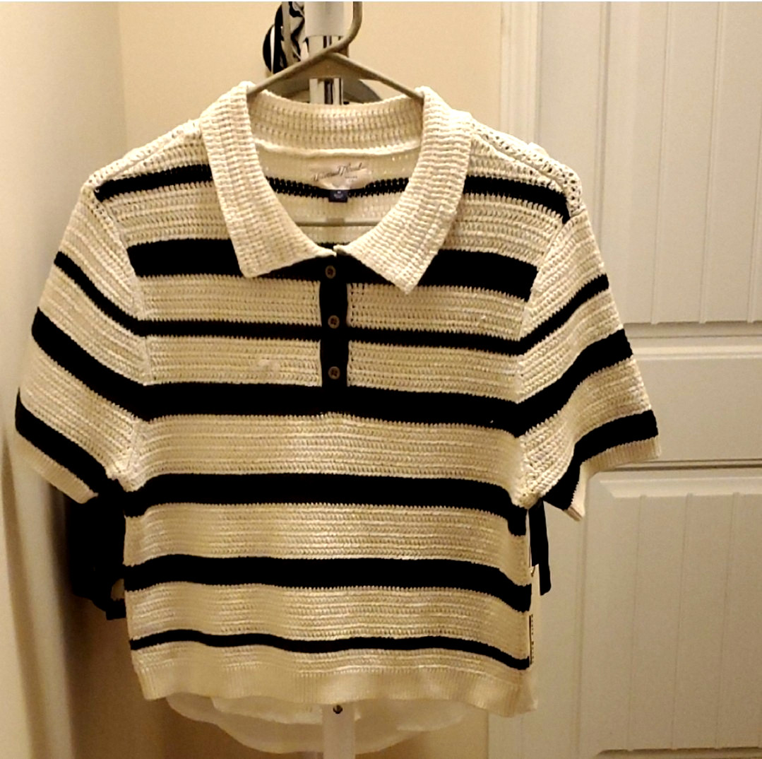 Womens Nautical Universal Thread Black and White Boxy Crochet Polo Size Medium