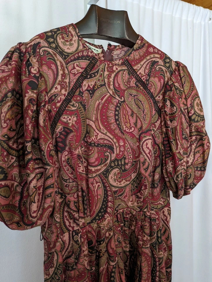 Vestido Victor Costa Ltd Vintage Años 70 NYC Bohemio Hippie Paisley Manga Abullonada 14 EE. UU. Foto 3 de 4