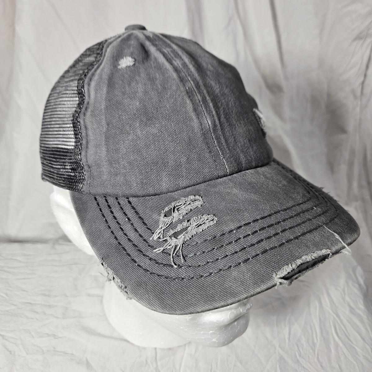 CC Womens Hat Bun Cap Washed Denim Distressed Criss Cross  display picture 2
