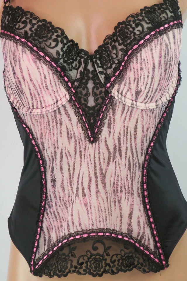 Sutiã bustiê vintage Jezebel 34D espartilho longline com aro preto rosa gancho de renda - Imagem 4 de 4