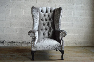 HANDMADE CRUSHED SILVER VELVET CHESTERFIELD WING ARMCHAIR, FABRIC HIGH BACK