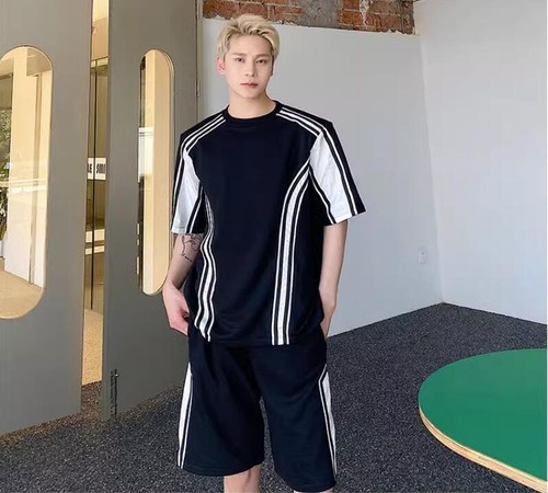 Men's Fashion Summer Round Collar Short Sleeve Color Matching T-shirt Shorts 2PC - Bild 7 von 19