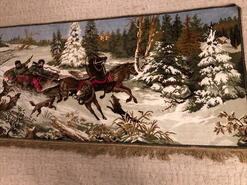 Vintage Tapestry German? Hunters Horse & Sleigh Wolves 67 X 25 Beautiful - Picture 6 of 10