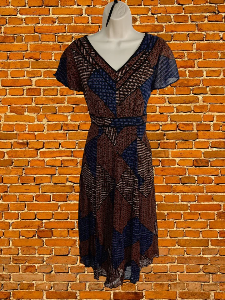 PER UNA M&S SIZE UK 12 BROWN DRESS PATCHWORK PRINT FIT FLARE SHORT SLEEVE WOMENS - Image 2 of 4