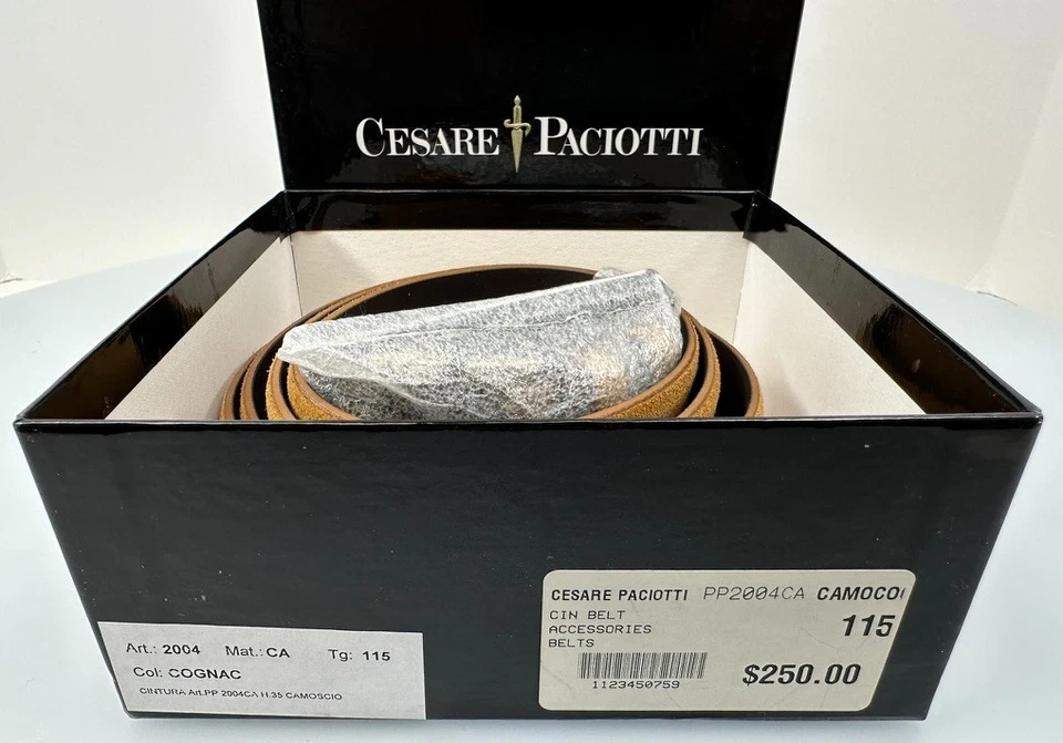 NUEVO CINTURÓN DE GAMUZA COÑAC CESARE PACIOTTI METAL CEPILLADO HEBILLA DORADA TALLA 115 CM ~ $250 Foto 3 de 4