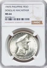 1947S-Philippines Silver 1 Peso-Douglas MacArthur-NGC MS 64-Blast White Specimen