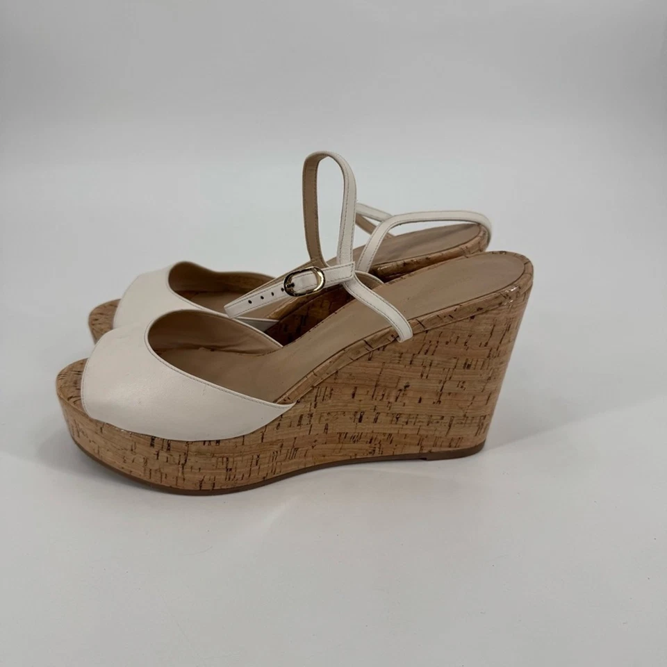 Stuart Weitzman White Leather Palmina Wedge Cork Heel Open Toe Sandals Size 12 - Image 4 of 4