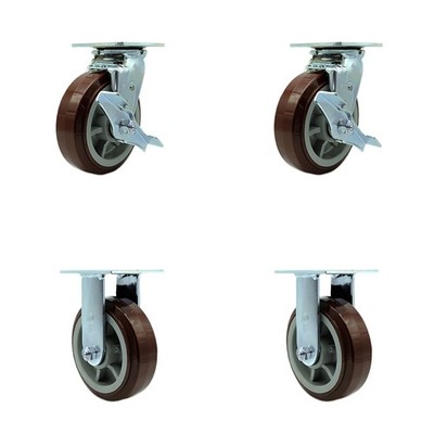 6 Inch Polyurethane Caster Set with Roller Bearings 2 Brake 2 Rigid SCC