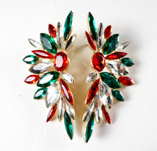 Red Green Rhinestone Christmas Colors Pierced Earrings Holiday Wings 2.5"