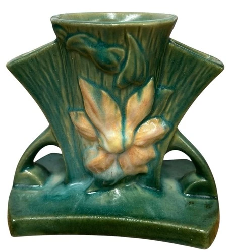 Vintage Roseville Pottery USA Clematis Triple Vase “192-5” Blue Green 1940's