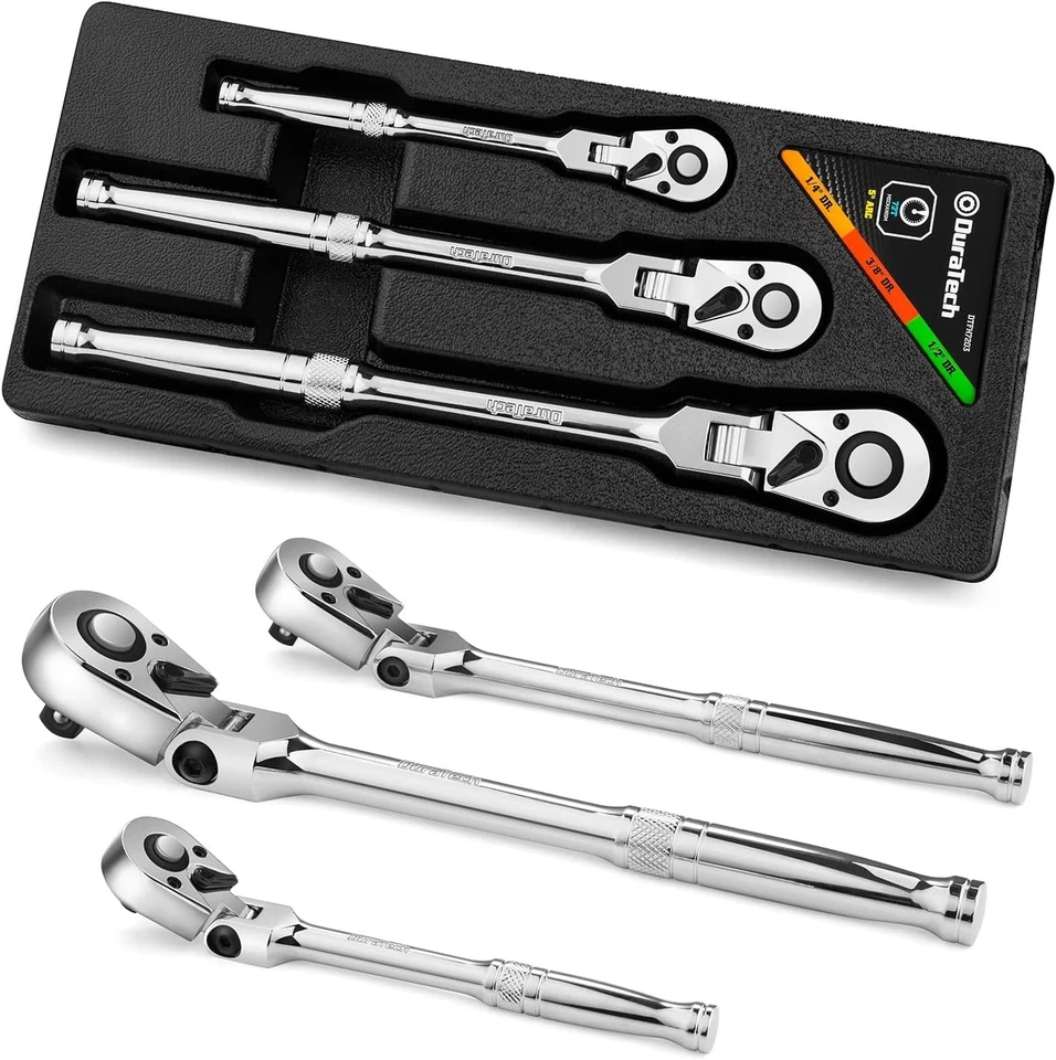 Professional 72-Tooth Flex-Head Ratchet Set in Polished Chrome Alloy Finish - Image 3 of 4