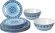 Blue Fontana 12-Piece Melamine Dinnerware Set, 4 Dinner Plates, 4 Salad Plates, 