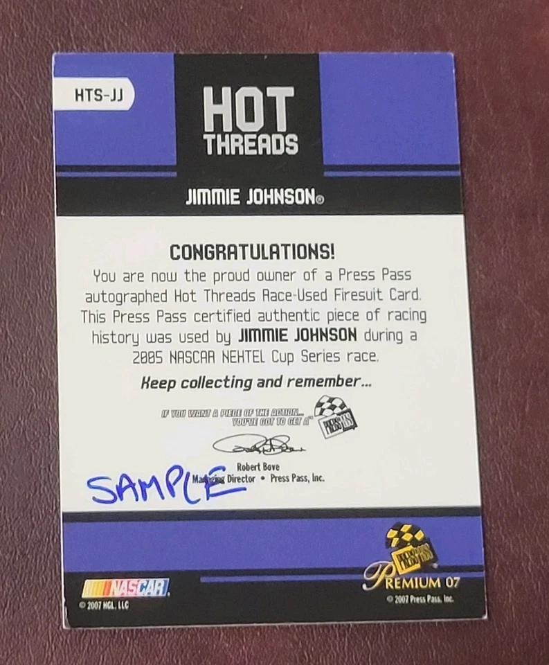 2007 Press Pass Premium JIMMIE JOHNSON RACE USED FIRESUIT ON CARD AUTO - SAMPLE  - Image 2 of 2