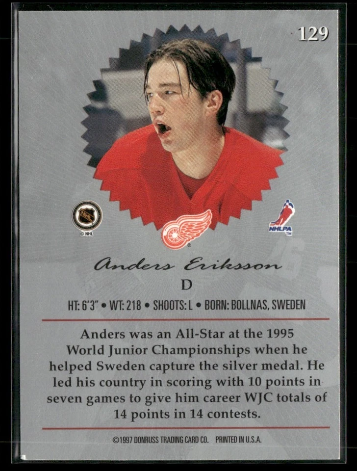 1996-97 DONRUSS ELITE ANDERS ERIKSSON DETROIT RED WINGS RC #129 - Image 2 of 3
