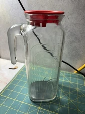 Vintage Covetro Ribbed Glass Pitcher Red Lid Made in Italy 9"