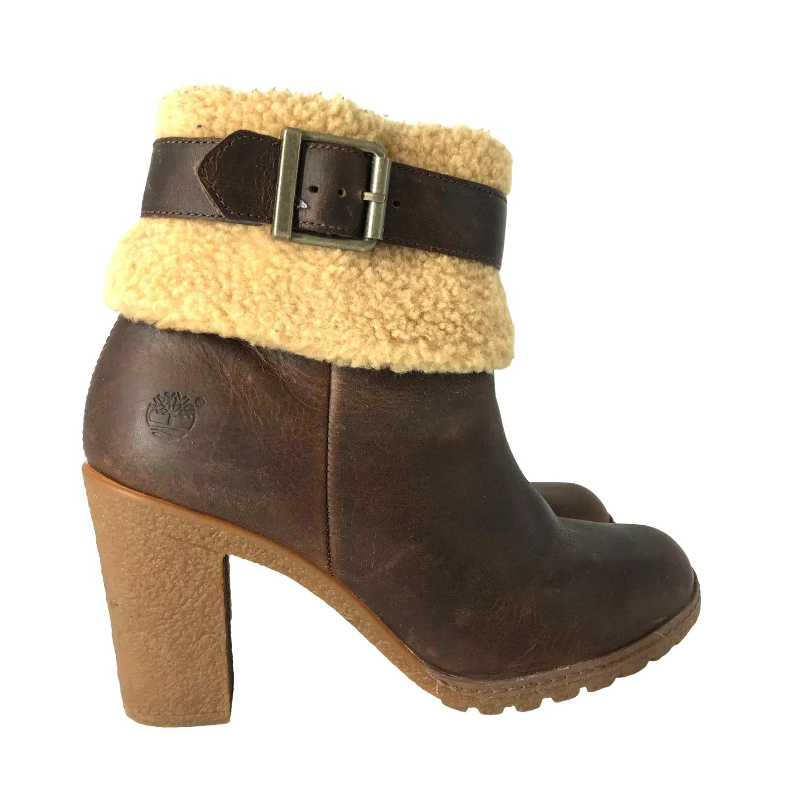 TIMBERLAND stivaletto con tacco donna 7 38 5 pelle marrone zip laterale bordo sherpa