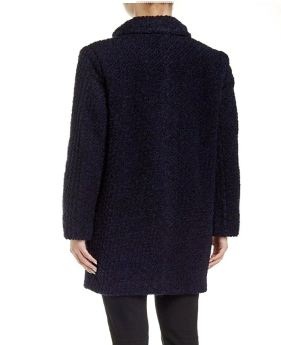 Cole Haan Navy Boucle Wool Coat 12 EUC High Neck Hidden Button Close
