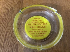 VTG WALTER FISCHER’S SHELL SERVICE GAS & OIL ADVERTISING GLASS CIGARETTE ASHTRAY