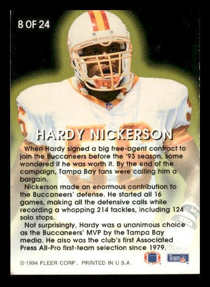1994 Fleer #8 Hardy Nickerson Fleer All-Pros Tampa Bay Buccaneers - Image 2 of 2