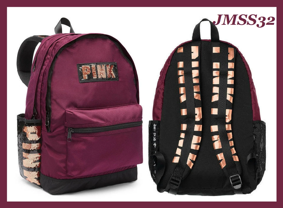 Victoria's Secret Pink Bling Campus Backpack Deep Ruby Rose Gold Sequins NWT