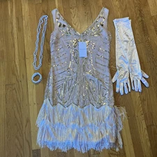 BABEYOND Flapper Dress 1920s V-Neck Beaded Fringe Great Gatsby Large Gloves